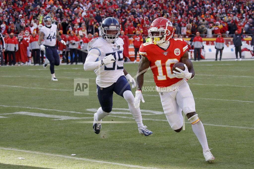 Charlie Riedel Kansas City Chiefs' Tyreek Hill runs for a touchdown during the first half of the NFL AFC Championship football game against the Tennessee Titans Sunday, Jan. 19, 2020, in Kansas City, MO. (AP Photo/Charlie Riedel)