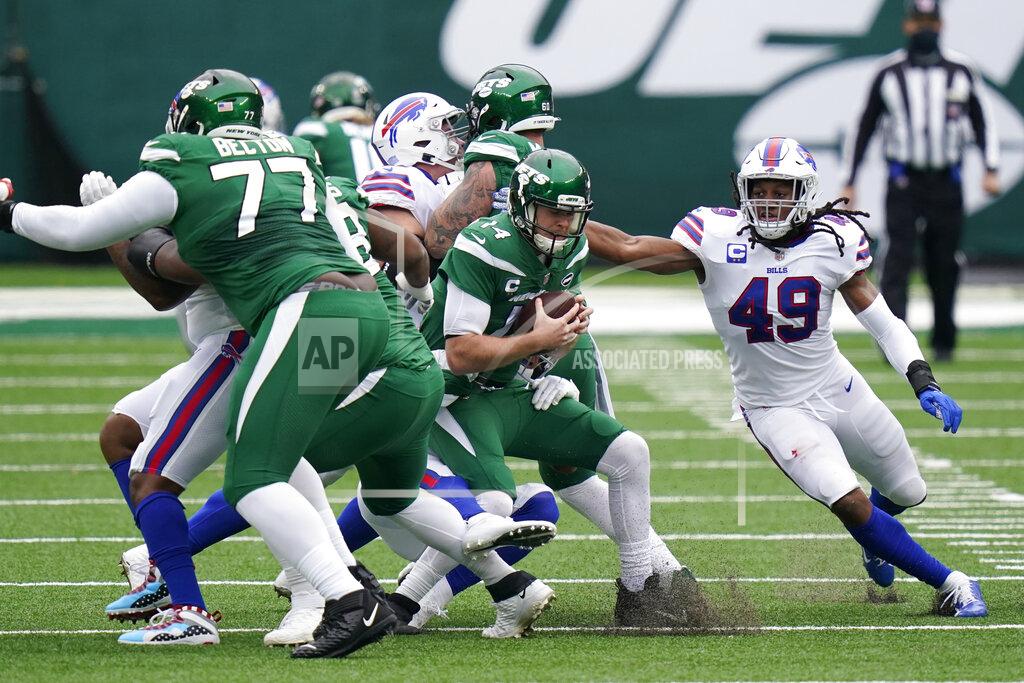 Frank Franklin Ii New York Jets quarterback Sam Darnold, center, is sacked by the Buffalo Bills during the first half of an NFL football game, Sunday, Oct. 25, 2020, in East Rutherford, N.J. (AP Photo/Frank Franklin II)