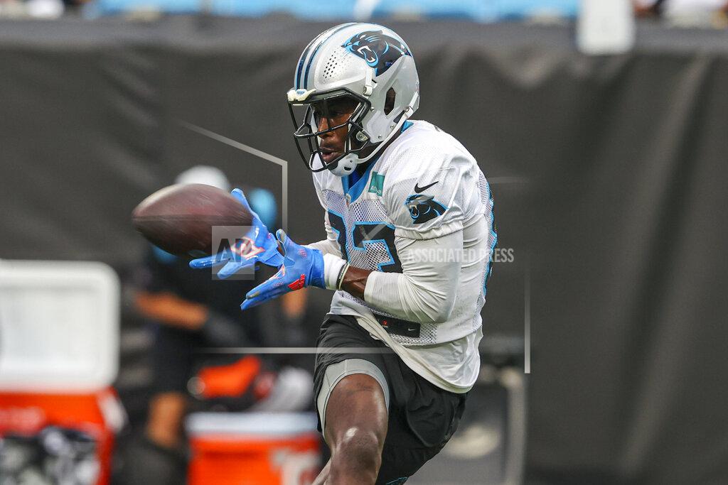 Nell Redmond Carolina Panthers wide receiver David Moore catches the ball during Fan Fest at the NFL football team's training camp in Charlotte, N.C., Friday, Aug. 6, 2021. (AP Photo/Nell Redmond)