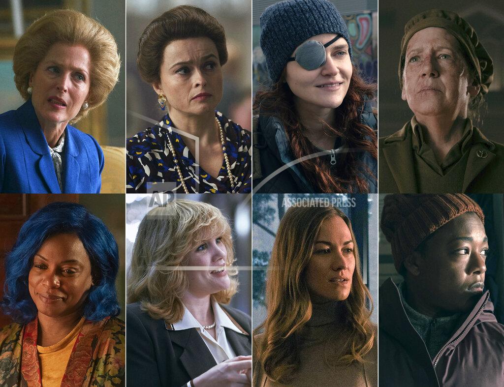 Uncredited This combination of photo shows Emmy nominees for supporting actress in a drama series, top row from left, Gillian Anderson in "The Crown," Helena Bonham Carter in "The Crown," Madeline Brewster in "The Handmaid's Tale," Ann Dowd in "The Handmaid's Tale," bottom row from left, Aunjanue Ellis in "Lovecraft Country," Emerald Fennell in "The Crown," Yvonne Strahovski in "The Handmaid's Tale," and Samira Wiley in "The Handmaid's Tale." (Netflix/Netflix/Hulu/Hulu/HBO/Netflix/Hulu/Hulu via AP)