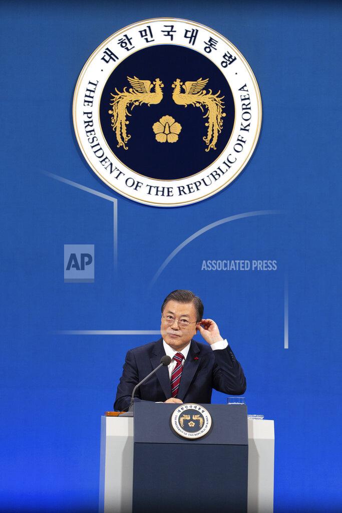 Jeon Heon-Kyun South Korean President Moon Jae-in speaks during an on-line New Year press conference with local and foreign journalists at the Presidential Blue House in Seoul, South Korea Monday, Jan. 18, 2021. (Jeon Heon-kyun/Pool Photo via AP)