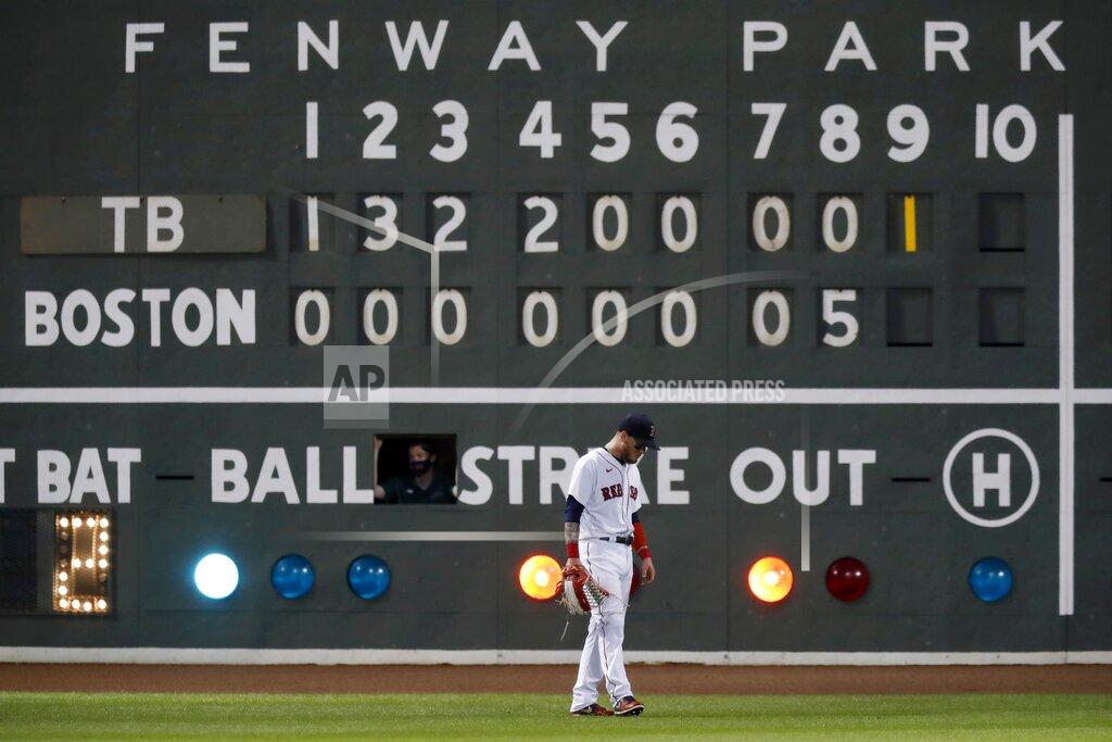 Michael Dwyer Boston Red Sox's Alex Verdugo stands in front of the left field scoreboard during the ninth inning of a baseball game against the Tampa Bay Rays, Wednesday, Aug. 12, 2020, in Boston. (AP Photo/Michael Dwyer)