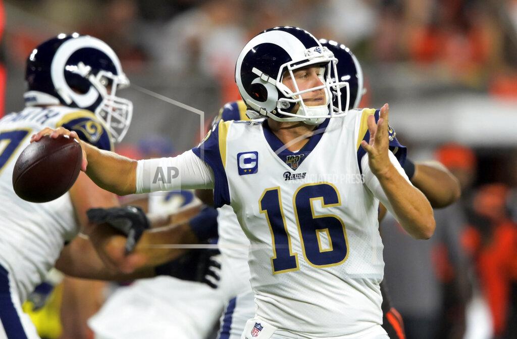 David Richard Los Angeles Rams quarterback Jared Goff throws during the first half of an NFL football game against the Cleveland Browns, Sunday, Sept. 22, 2019, in Cleveland. (AP Photo/David Richard)