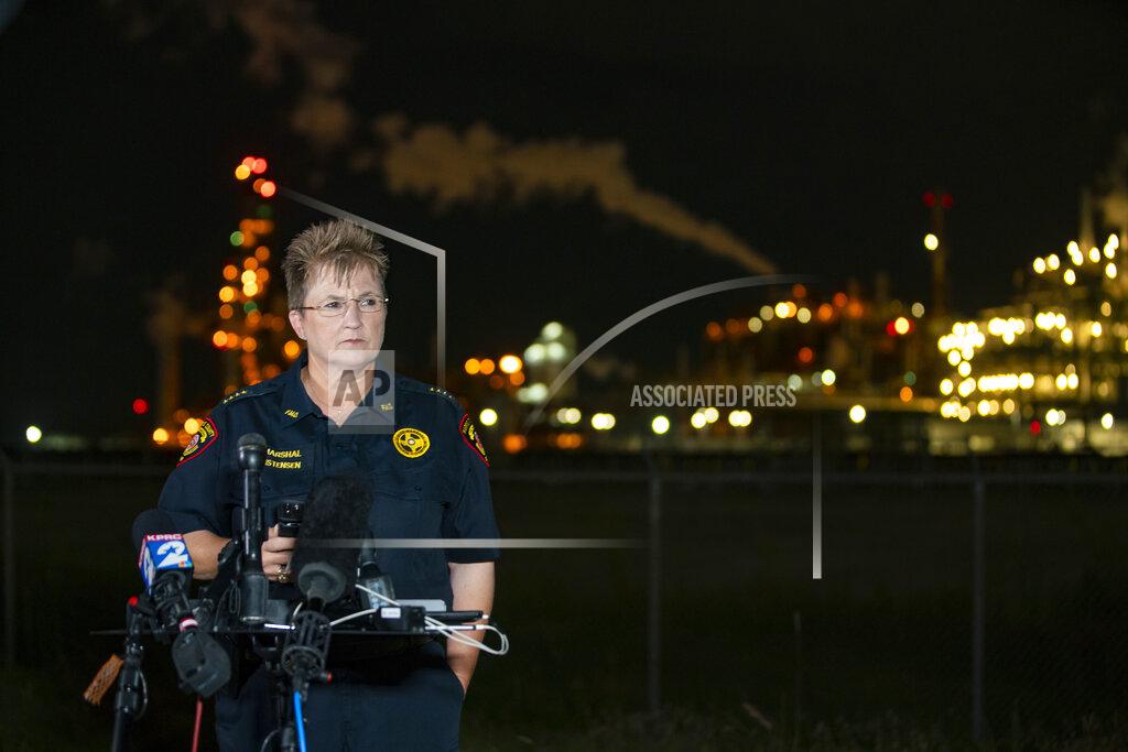 Mark Mulligan Chemical Plant Leak-Texas Harris County Fire Marshal Laurie Christensen speaks near the LyondellBasell facility in La Porte, Texas Tuesday, July 27, 2021. An explosion Tuesday evening killed two people at the facility and left several others injured according to Christensen. (Mark Mulligan/Houston Chronicle via AP)
