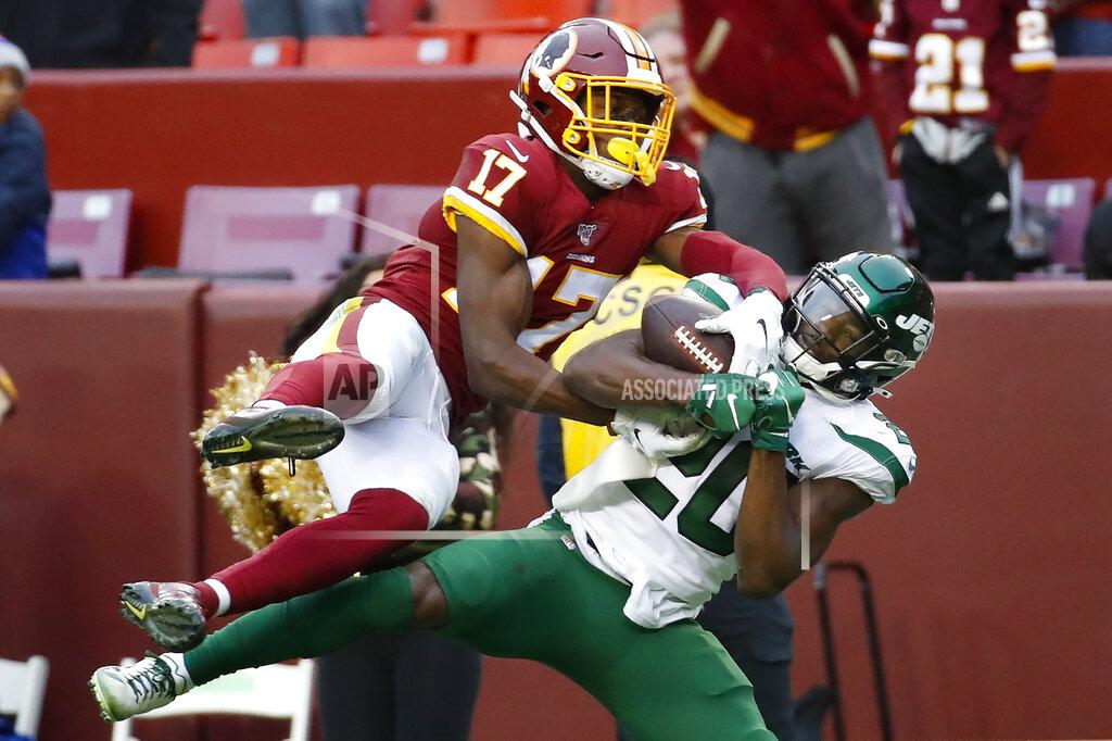 Alex Brandon Washington Redskins wide receiver Terry McLaurin (17) beats out New York Jets free safety Marcus Maye (20) to make the catch during the second half of an NFL football game, Sunday, Nov. 17, 2019, in Landover, Md. New York Jets won the game 34-17. (AP Photo/Alex Brandon)