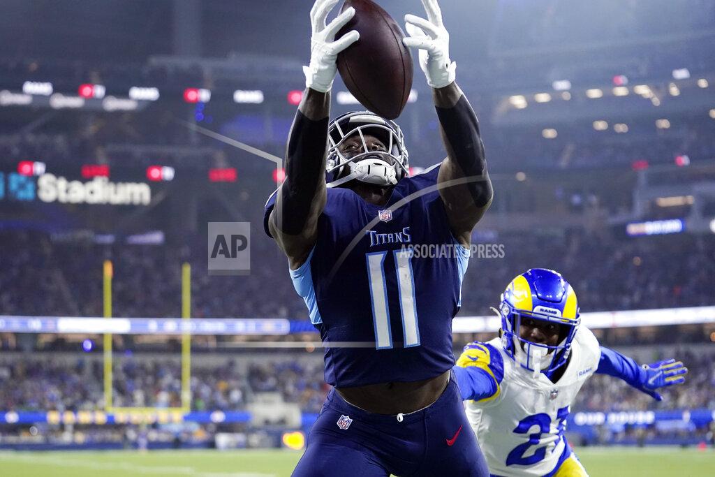 Marcio Jose Sanchez Tennessee Titans wide receiver A.J. Brown (11) can't make the catch in the back of the end zone as Los Angeles Rams cornerback Donte' Deayon defends during the first half of an NFL football game Sunday, Nov. 7, 2021, in Inglewood, Calif. (AP Photo/Marcio Jose Sanchez)