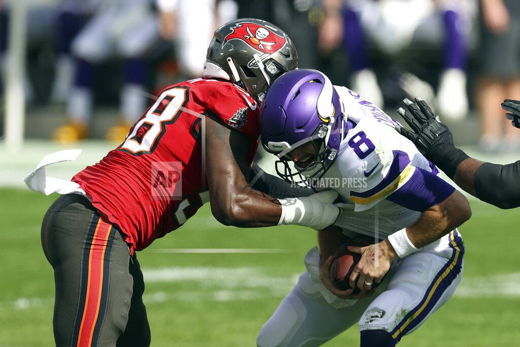 Mark Lomoglio Tampa Bay Buccaneers outside linebacker Shaquil Barrett (58) sacks Minnesota Vikings quarterback Kirk Cousins (8) during the first half of an NFL football game Sunday, Dec. 13, 2020, in Tampa, Fla. (AP Photo/Mark LoMoglio)