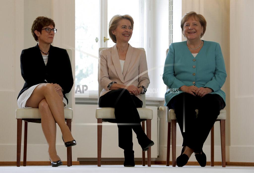 Michael Sohn FILE - In this Wednesday, July 17, 2019, file photo, from right, German Chancellor Angela Merkel, new elected European Commission President Ursula von der Leyen and Annegret Kramp-Karrenbauer, von der Leyen's successor as German Defense Minister, attend an office over ceremony at the Bellevue Palace in Berlin, Germany, Wednesday, July 17, 2019.Ursula von der Leyen, a Merkel Cabinet stalwart, became the European Commission's first female president in 2019. Annegret Kramp-Karrenbauer succeeded Merkel as leader of her CDU in 2018, though she failed to impose her authority on the party and stepped down earlier this year. (AP Photo/Michael Sohn, File)