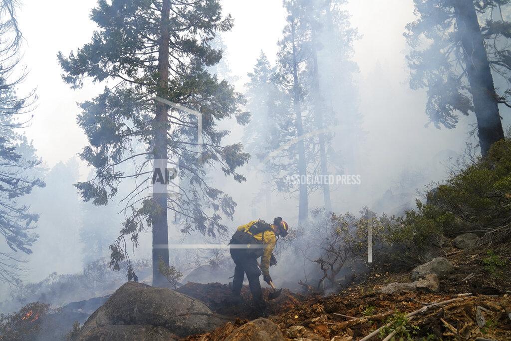 Jae C. Hong Will Fitch, fire captain from Cosumnes Fire Department, holds a fire line to keep the Caldor Fire from spreading in South Lake Tahoe, Calif., Friday, Sept. 3, 2021. Fire crews took advantage of decreasing winds to battle a California wildfire near popular Lake Tahoe and were even able to allow some people back to their homes but dry weather and a weekend warming trend meant the battle was far from over.(AP Photo/Jae C. Hong)