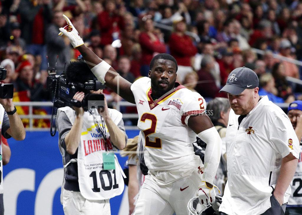 Eric Gay Iowa State linebacker Willie Harvey (2) leaves the field after he was ejected for targeting during the the first half against Washington State in the Alamo Bowl NCAA college football game Friday, Dec. 28, 2018, in San Antonio. (AP Photo/Eric Gay)