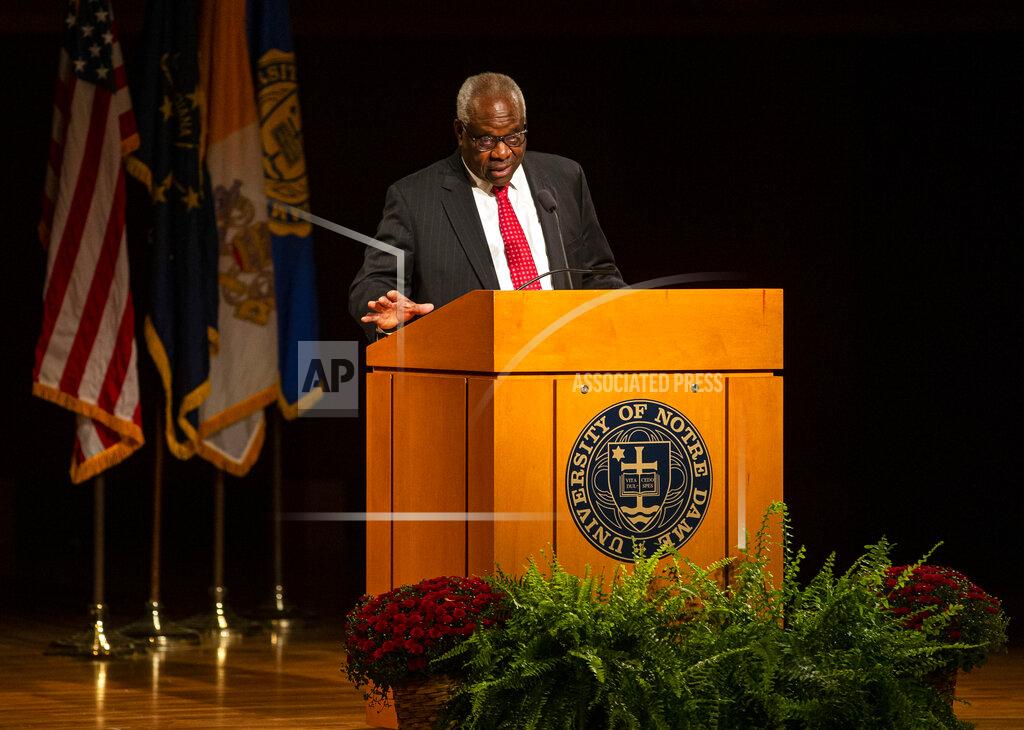 Robert Franklin Supreme Court Justice Clarence Thomas speaks on Thursday, Sept. 16, 2021, at the University of Notre Dame in South Bend, Ind. The associate justice gave the Tocqueville Lecture for the Center for Citizenship & Constitutional Government at the university. (Robert Franklin/South Bend Tribune via AP)