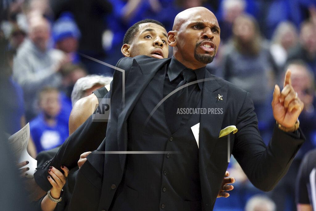 James Crisp Vanderbilt coach Jerry Stackhouse reacts after being called for a technical foul during the second half of the team's NCAA college basketball game against Kentucky in Lexington, Ky., Wednesday, Feb. 2, 2022. Kentucky won 77-70. (AP Photo/James Crisp)