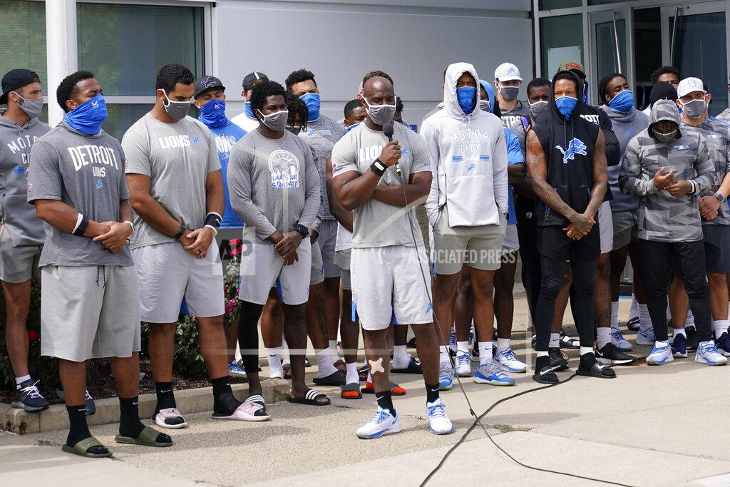 Carlos Osorio Detroit Lions safety Duron Harmon addresses the media with his teammates outside the Lions NFL football camp practice facility, Tuesday, Aug. 25, 2020, in Allen Park, Mich. The players were reacting to the recent shooting of Jacob Blake in Kenosha, Wis., on Sunday. (AP Photo/Carlos Osorio)