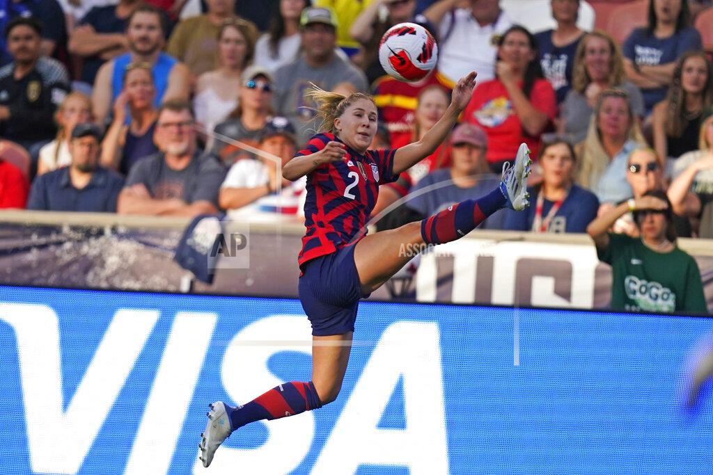 Rick Bowmer U.S. midfielder Ashley Sanchez plays the ball against Colombia during the first half of an international friendly soccer match Tuesday, June 28, 2022, in Sandy, Utah. (AP Photo/Rick Bowmer)