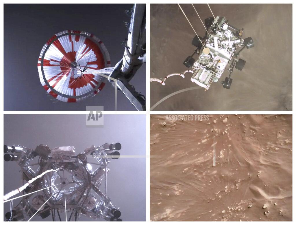 Uncredited This combination of images from video made available by NASA shows steps in the descent of the Mars Perseverance rover as it approaches the surface of the planet on Thursday, Feb. 18, 2021. (NASA/JPL-Caltech via AP)