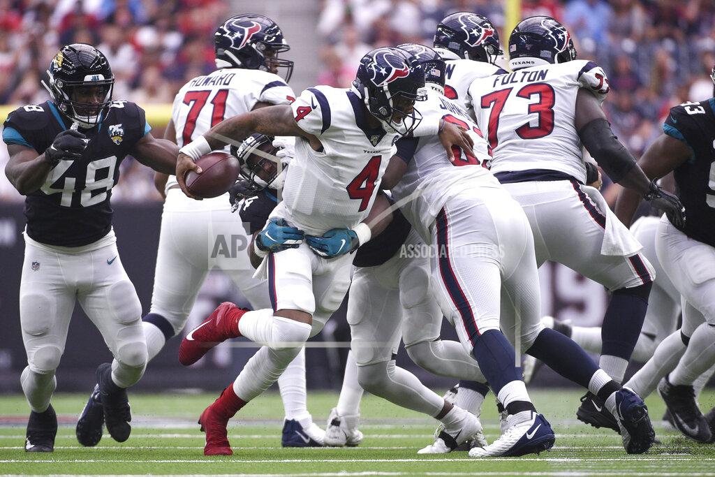 Eric Christian Smith Houston Texans quarterback Deshaun Watson (4) is wrapped up by Jacksonville Jaguars middle linebacker Myles Jack (44) during the first half of an NFL football game Sunday, Sept. 15, 2019, in Houston. (AP Photo/Eric Christian Smith)