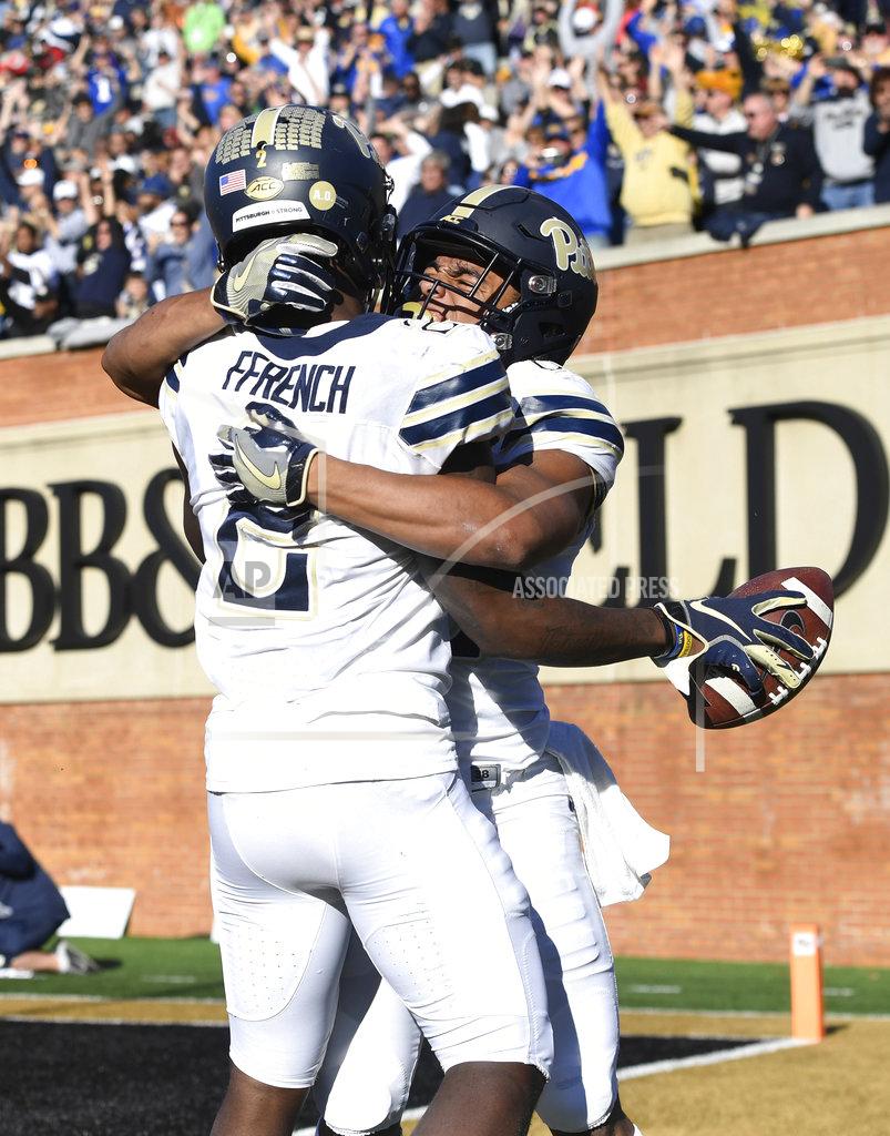 Woody Marshall Pittsburgh'sMaurice Ffrench (2) celebrates a touchdown with Rafael Araujo-Lopes (82) during the second half of the NCAA college football game against Wake Forest Saturday, Nov. 17, 2018, in Winston-Salem, N.C. (AP Photo/Woody Marshall)
