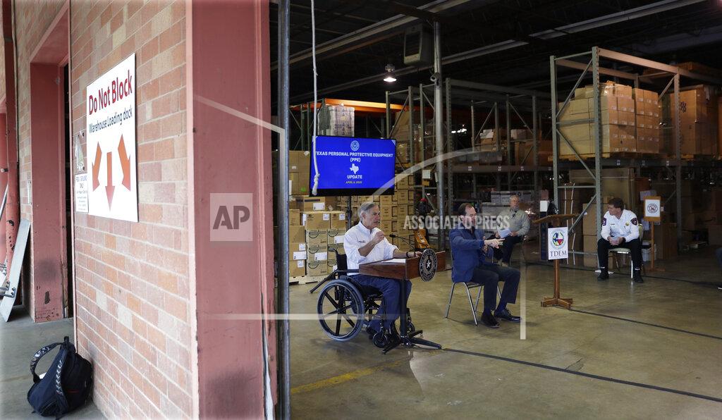 Texas Gov. Greg Abbott, left, with Texas Department of State Health Services Commissioner John Hellerstedt, second from right, and Texas Division of Emergency Management Chief Nim Kidd, right, gives an update on the COVID-19 outbreak at the Texas Department of Public Safety warehouse facility in Austin, Texas, Monday, April 6, 2020. The new coronavirus causes mild or moderate symptoms for most people, but for some, especially older adults and people with existing health problems, it can cause more severe illness or death. (AP Photo/Eric Gay)