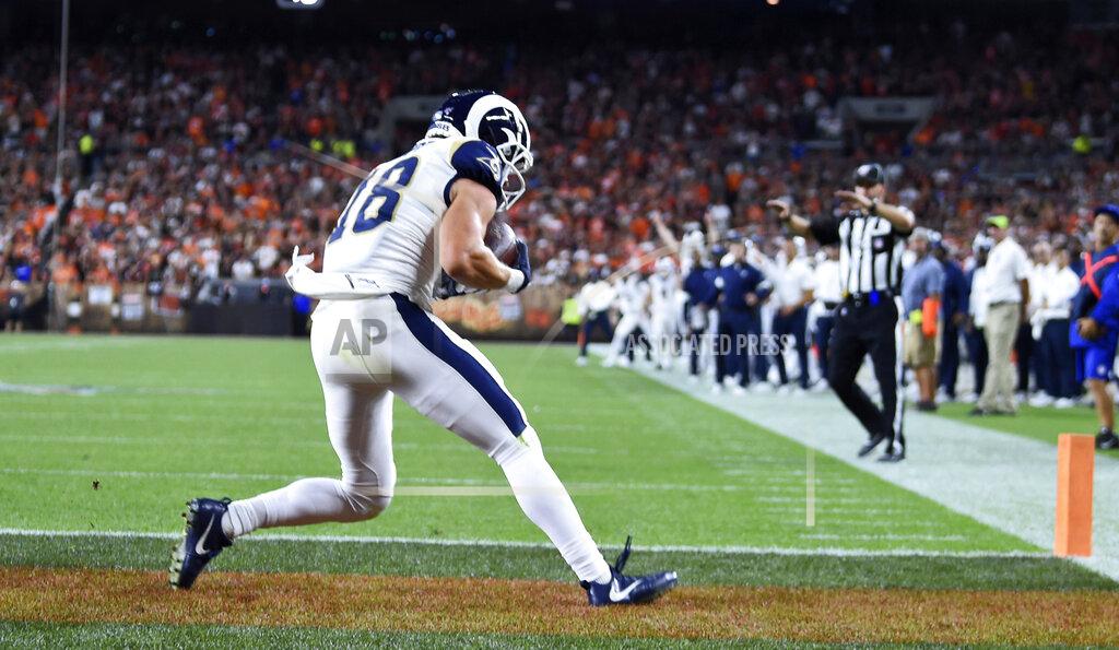 David Dermer Los Angeles Rams wide receiver Cooper Kupp (18) catches an 11-yard touchdown pass during the second half of an NFL football game against the Cleveland Browns, Sunday, Sept. 22, 2019, in Cleveland. (AP Photo/David Dermer)