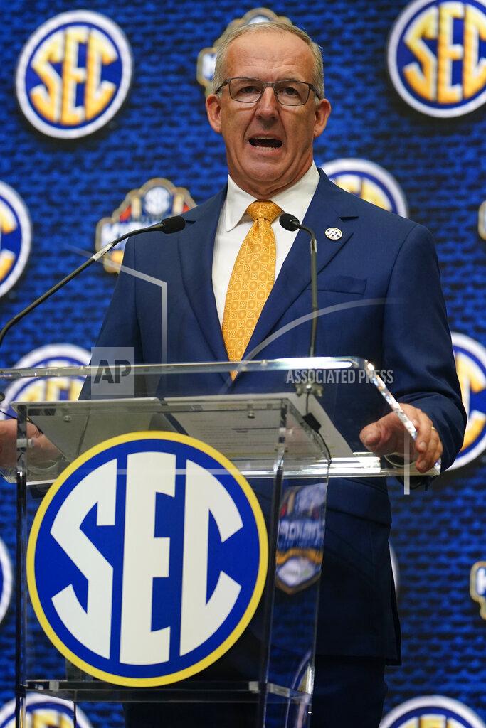 John Bazemore Southeastern Conference commissioner Greg Sankey speaks during SEC Media Days, Monday, July 18, 2022, in Atlanta. (AP Photo/John Bazemore)