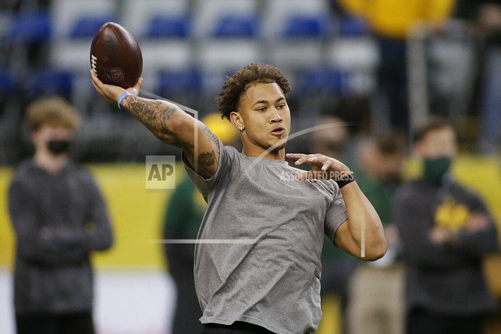 Andy Clayton-King North Dakota State quarterback Trey Lance throws at the school's football NFL Pro Day Friday, March, 12, 2021, in Fargo, North Dakota. (AP Photo/Andy Clayton- King)