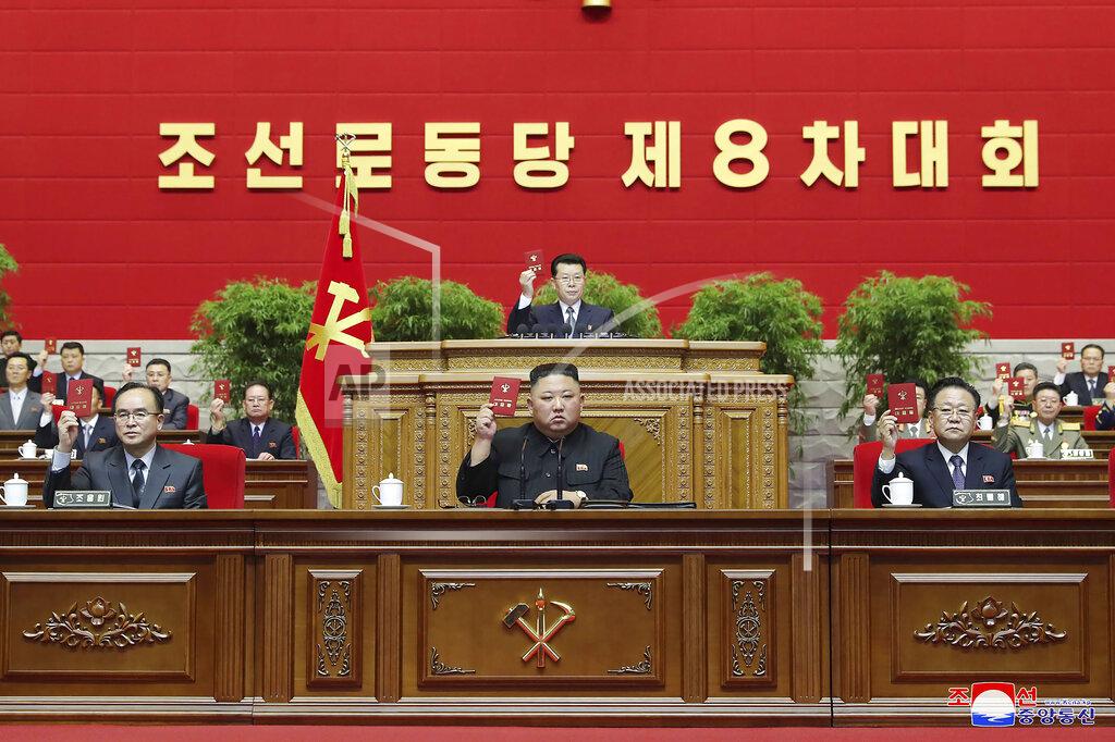 Uncredited In this photo provided by the North Korean government, North Korean leader Kim Jong Un, bottom center, attends a ruling party congress in Pyongyang, North Korea Tuesday, Jan. 12, 2021. Kim vowed all-out efforts to bolster his country's nuclear deterrent during the major ruling party meeting where he earlier laid out plans to work toward salvaging the broken economy. Independent journalists were not given access to cover the event depicted in this image distributed by the North Korean government. The content of this image is as provided and cannot be independently verified. Korean language watermark on image as provided by source reads: "KCNA" which is the abbreviation for Korean Central News Agency. (Korean Central News Agency/Korea News Service via AP)
