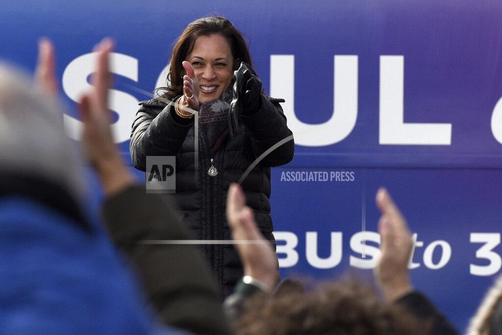 Michael Perez Democratic vice presidential candidate Sen. Kamala Harris, D-Calif., speaks during a drive-in get out the vote rally in the parking lot of the UFCW local 1776, Monday, Nov. 2, 2020, in Pittson, Pa. (AP Photo/Michael Perez)