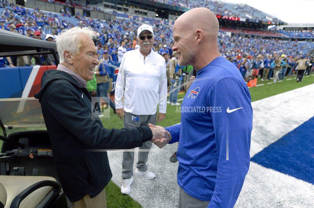 Adrian Kraus Former Buffalo Bills head coach Marv Levy, left, speaks to current head coach Sean McDermott, right, before an NFL football game between the Bills and the New England Patriots, Sunday, Sept. 29, 2019, in Orchard Park, N.Y. (AP Photo/Adrian Kraus)