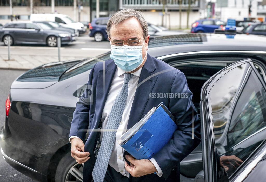 Michael Kappeler Federal Chairman of the Christian Democratic Union and Minister President of North Rhine-Westphalia Armin Laschet arrives for CDU committee meetings in front of party headquarters, in Berlin, Germany, Monday, March 15, 2021. After the state elections in Baden-Wuerttemberg and Rhineland-Palatinate, the Union is discussing the consequences. (Michael Kappeler/dpa via AP)