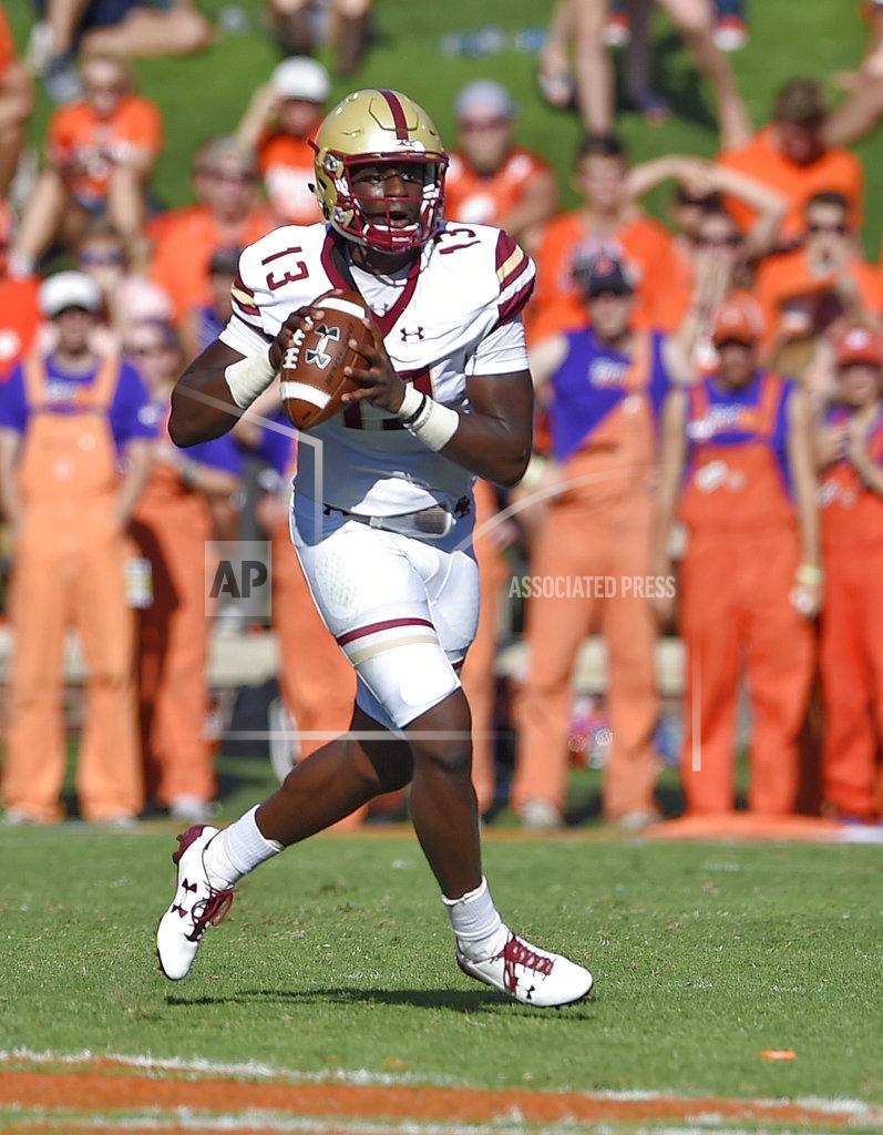 Richard Shiro Boston College quarterback Anthony Brown scrambles while looking for a receiver during the first half of an NCAA college football game against Clemson, Saturday, Sept. 23, 2017, in Clemson, S.C. (AP Photo/Richard Shiro)