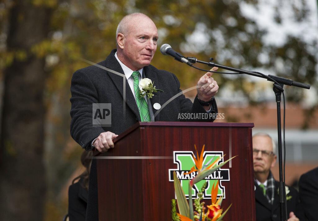 Sholten Singer FILE - Marshall NCAA college football head football coach Doc Holliday speaks during Marshall University's 49th annual Memorial Fountain Ceremony in Huntington, Va., in this Thursday, Nov. 14, 2019, file photo. Marshall announced Monday, Jan. 4, 2020, that it will not renew the contract of coach Doc Holliday. (Sholten Singer/The Herald-Dispatch via AP, File)