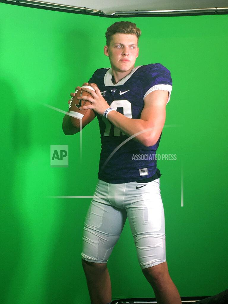 Uncredited In this photo taken on July 27, 2019, German quarterback Alexander Honig poses for a photo ina TCU uniform after participating in a football camp at the Big 12 Conference school in Fort Worth, Texas. TCU offered Honig a scholarship after the workout. Honig looks and sounds the part of big-time American college football recruit. The quarterback is nearly 6-foot-6 and 235 pounds. He has a scholarship offer to play at TCU. But the unusual part is Honig is German. It's rare for an American college program to recruit a European as a quarterback. The 18-year-old Honig is taking his talents from Bavaria to Texas with dreams of becoming an NFL QB. (Susanne Honig via AP)