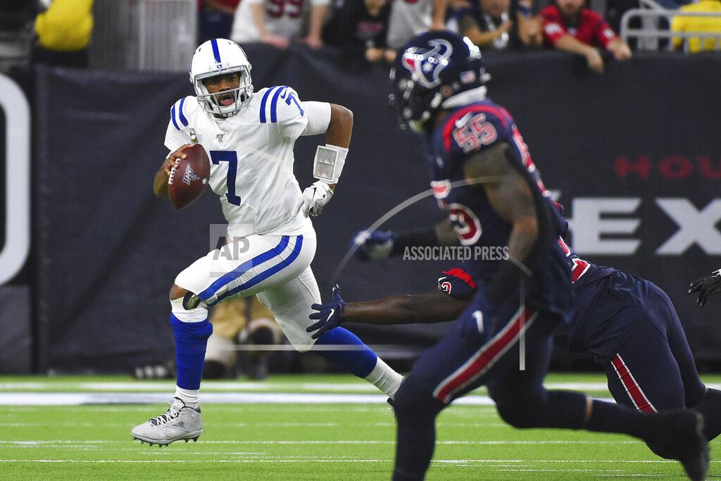 Eric Christian Smith Indianapolis Colts quarterback Jacoby Brissett (7) scramble during the first half of an NFL football game against the Houston Texans Thursday, Nov. 21, 2019, in Houston. (AP Photo/Eric Christian Smith)