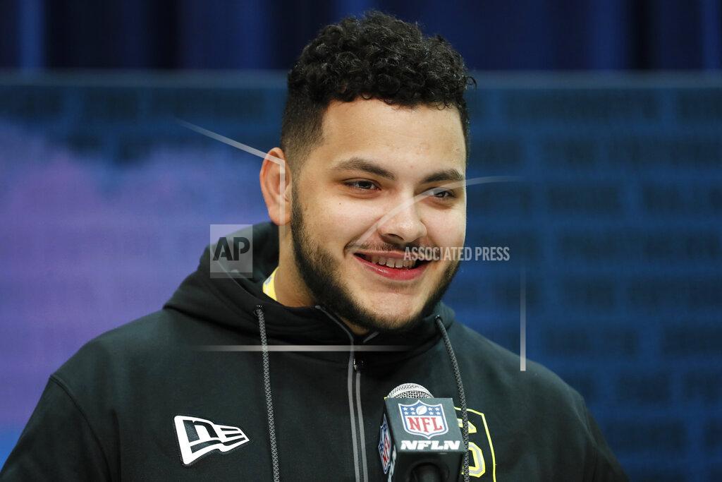 Charlie Neibergall Ohio State offensive lineman Jonah Jackson speaks during a press conference at the NFL football scouting combine in Indianapolis, Wednesday, Feb. 26, 2020. (AP Photo/Charlie Neibergall)