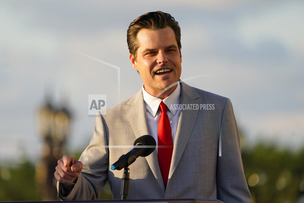 Marta Lavandier Congressman Matt Gaetz, R-Fla., speaks at a "Women for American First" event Friday, April 9, 2021, in Doral, Fla. (AP Photo/Marta Lavandier)