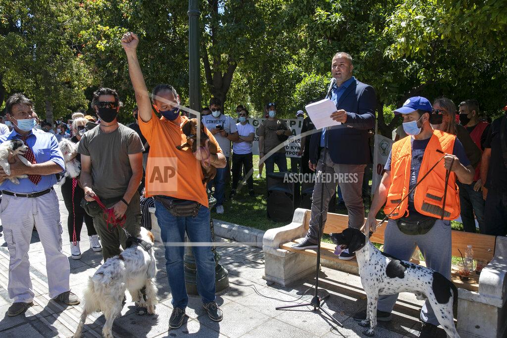 Yorgos Karahalis Dog owners take part in a rally against a proposed law by the government related to household pets, at Syntagma square, in Athens, Sunday, May 23, 2021. Several hundred dog owners, most of them also hunters, and their pets, protested outside the Greek Parliament Sunday against a new law, still at the consultation stage, that mandates sterilization of household pets. (AP Photo/Yorgos Karahalis)