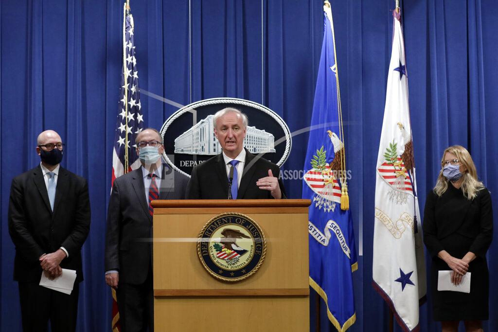 Yuri Gripas Deputy Attorney General Jeffrey A. Rosen holds a news conference to announce the results of the global resolution of criminal and civil investigations with an opioid manufacturer at the Justice Department in Washington, Wednesday, Oct. 21, 2020. (Yuri Gripas/Pool via AP)