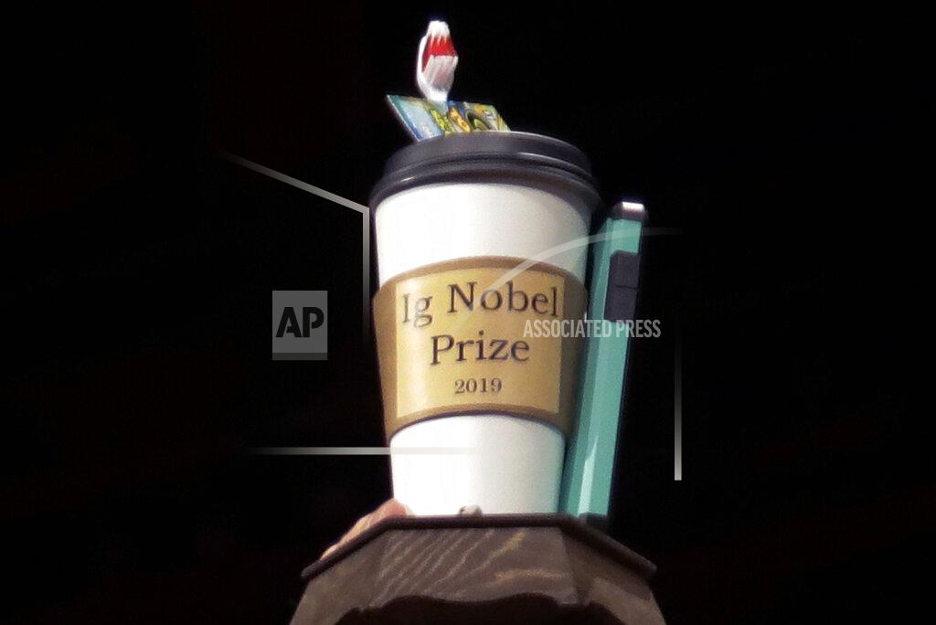 Elise Amendola FILE - In this Sept. 12, 2019 file photo, the 2019 Ig Nobel award is displayed at the 29th annual Ig Nobel awards ceremony at Harvard University in Cambridge, Mass. The spoof prizes for weird and sometimes head-scratching scientific achievement will be presented online in 2021 due to the coronavirus pandemic. (AP Photo/Elise Amendola, File)
