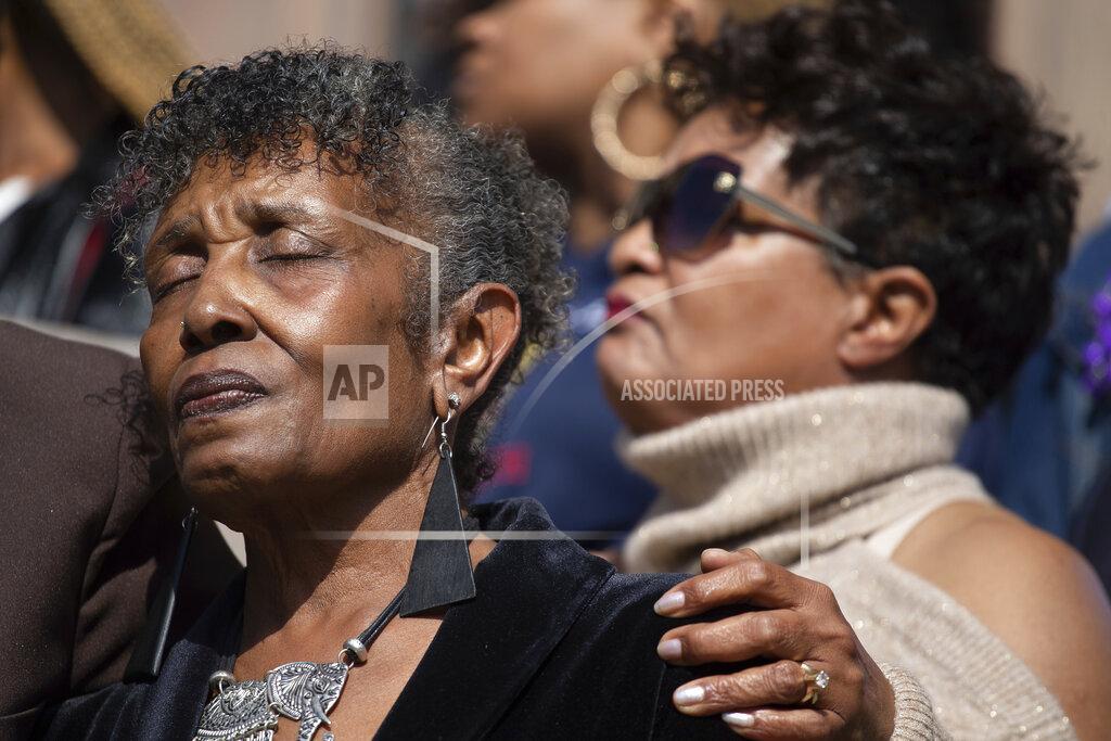 Joshua Bessex Robin Harris, the daughter of Ruth Whitfield, stands during a press conference outside the Antioch Baptist Church on Thursday, May 19, 2022, in Buffalo, N.Y. (AP Photo/Joshua Bessex)
