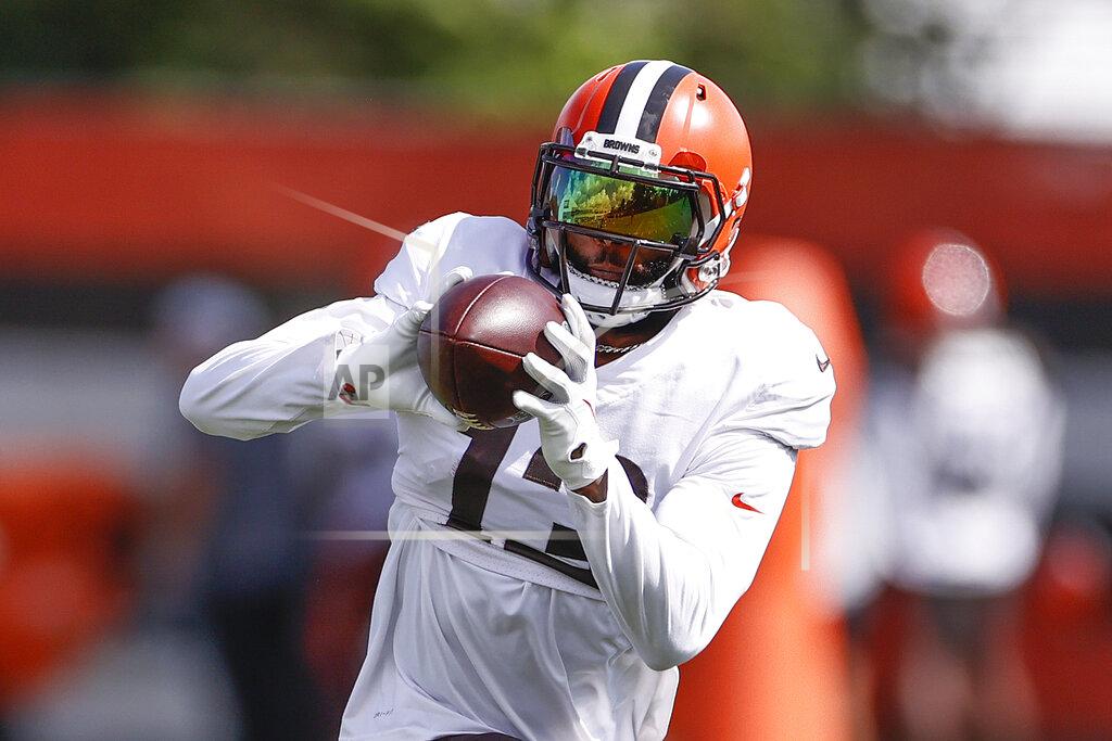 Cleveland Browns wide receiver Odell Beckham Jr. runs through a drill during NFL football practice Wednesday, Sept. 1, 2021, in Berea, Ohio. (AP Photo/Ron Schwane)