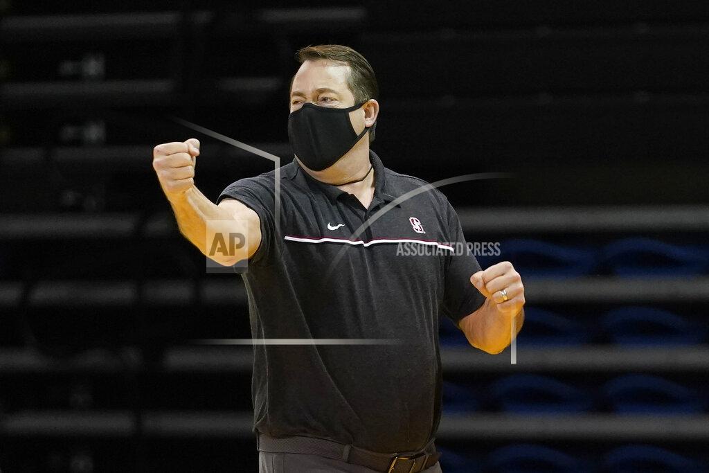 Jeff Chiu Stanford head coach Jerod Haase reacts during the first half of his team's NCAA college basketball game against Washington State in Santa Cruz, Calif., Saturday, Jan. 9, 2021. (AP Photo/Jeff Chiu)