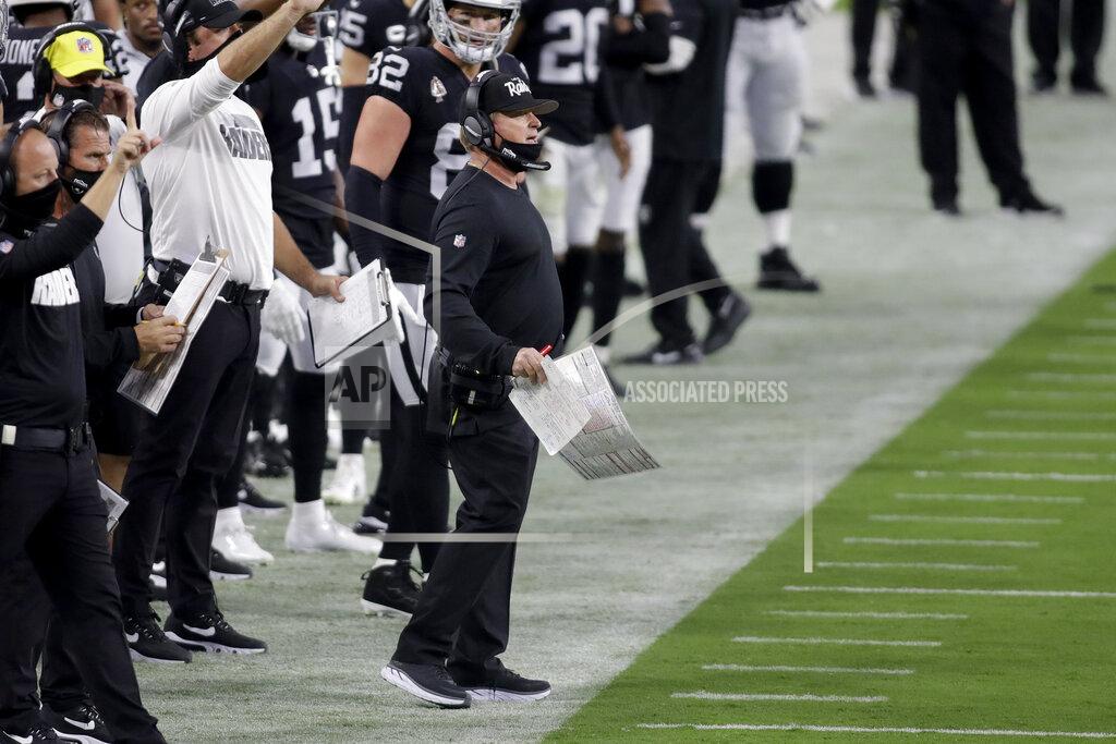 Isaac Brekken Las Vegas Raiders head coach Jon Gruden motions to his players during the first half of an NFL football game against the New Orleans Saints, Monday, Sept. 21, 2020, in Las Vegas. (AP Photo/Isaac Brekken)