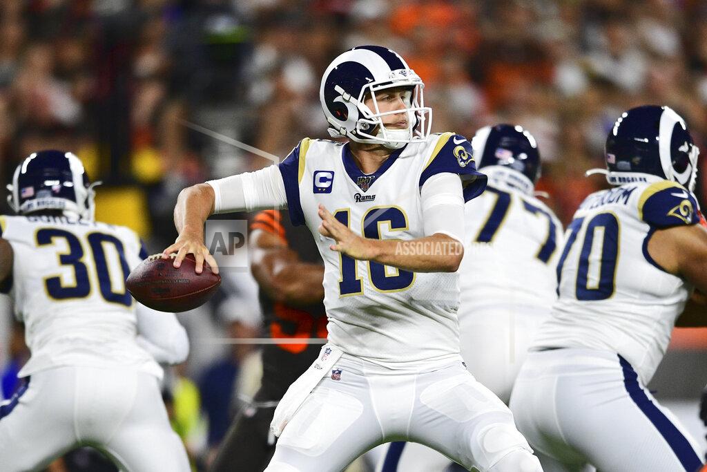 David Dermer Los Angeles Rams quarterback Jared Goff, center, looks to throw during the first half of an NFL football game against the Cleveland Browns, Sunday, Sept. 22, 2019, in Cleveland. (AP Photo/David Dermer)
