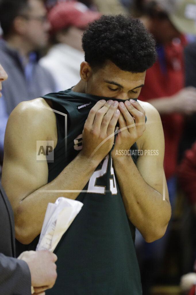 Darron Cummings Michigan State's Malik Hall wipes his face late in the second half of an NCAA college basketball game against Indiana, Thursday, Jan. 23, 2020, in Bloomington, Ind. (AP Photo/Darron Cummings)