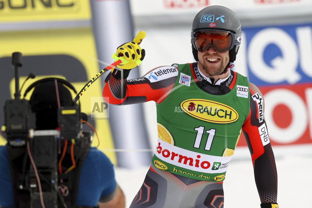 Luciano Bisi Norway's Aleksander Aamodt Kilde celebrates at the finish line during an alpine ski men's World Cup super-G, in Bormio, Italy, Wednesday, Dec. 29, 2021. (AP Photo/Luciano Bisi)