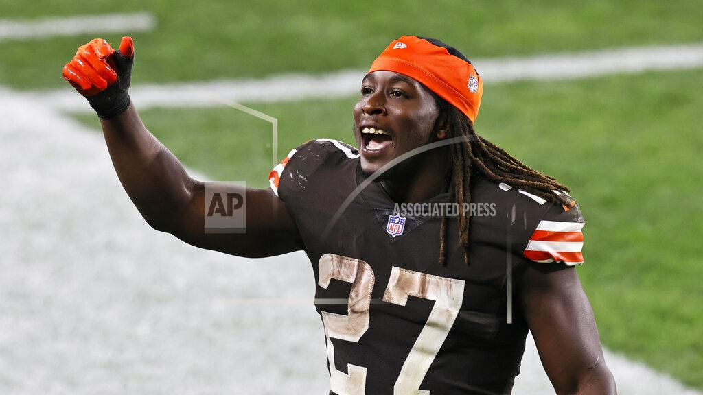 Ron Schwane Cleveland Browns running back Kareem Hunt celebrates after the Browns defeated the Indianapolis Colts 32-23 during an NFL football game, Sunday, Oct. 11, 2020, in Cleveland. (AP Photo/Ron Schwane)