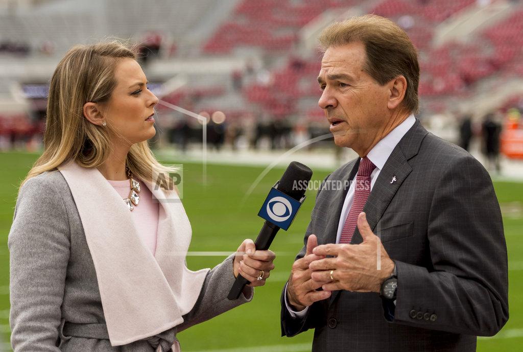 Vasha Hunt Alabama head coach Nick Saban talks with a CBS sports reporter before an NCAA college football game against Auburn, Saturday, Nov. 24, 2018, in Tuscaloosa, Ala. (AP Photo/Vasha Hunt)