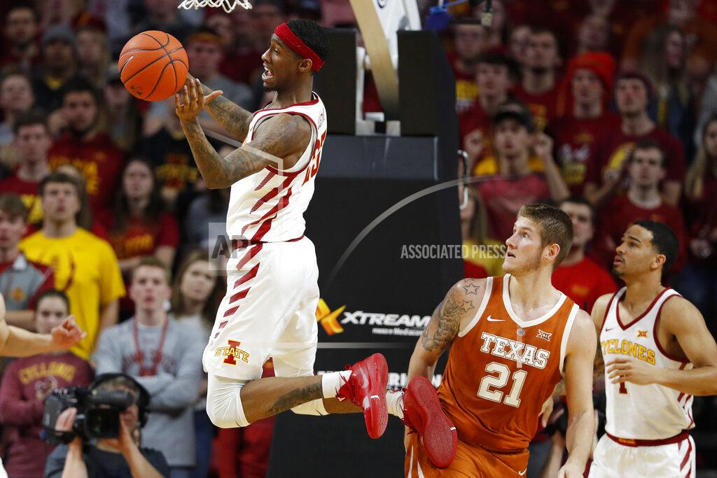 Charlie Neibergall Iowa State forward Zoran Talley Jr. grabs a rebound over Texas forward Dylan Osetkowski (21) during the first half of an NCAA college basketball game, Saturday, Feb. 2, 2019, in Ames, Iowa. (AP Photo/Charlie Neibergall)