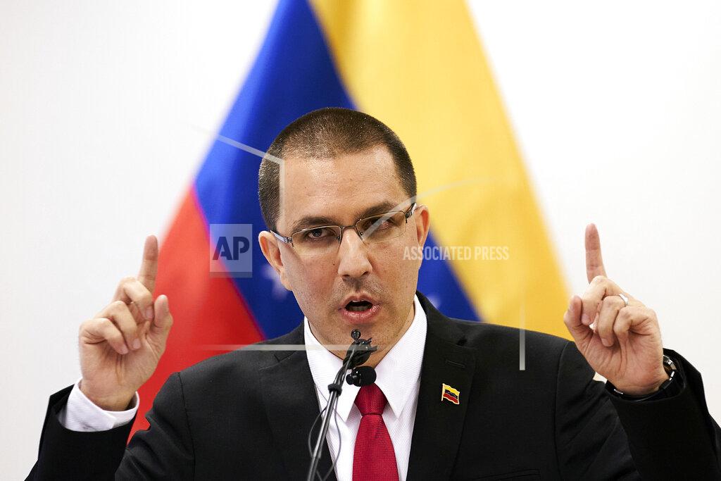 Venezuela's Foreign Minster Jorge Arreaza speaks during a press conference after visiting the International Criminal Court in The Hague, Netherlands, Thursday, Feb. 13, 2020. (AP Photo/Phil Nijhuis)