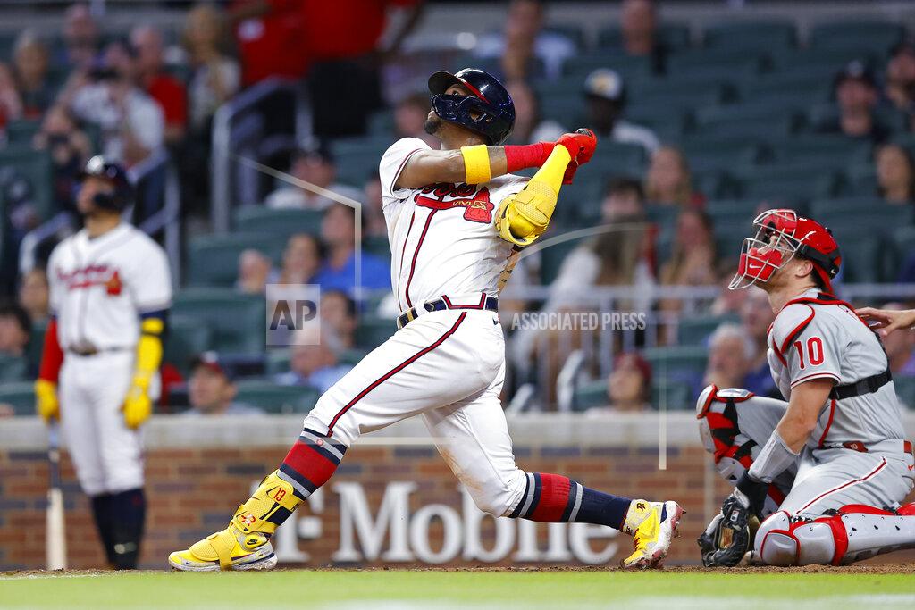 Todd Kirkland Atlanta Braves Ronald Acuna Jr. hits a sacrifice fly in the sixth inning of a baseball game against the Philadelphia Phillies, Tuesday, May 24, 2022, in Atlanta. (AP Photo/Todd Kirkland)